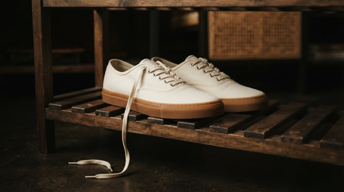 A pair of off-white leather low-top sneakers with tan gum soles and matching laces, resting on a rustic wooden slatted shelf in a dimly lit interior setting.